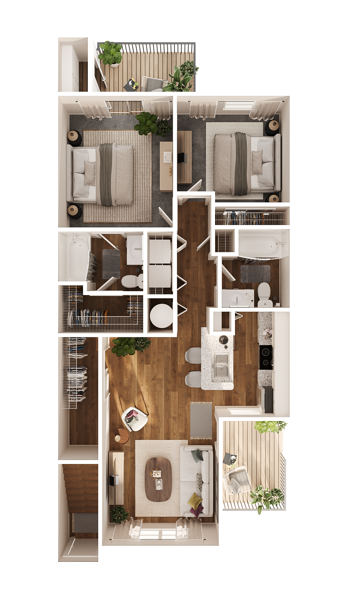 3D rendering of The Maple apartment floor plan with bedrooms and balcony. 