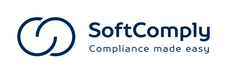 Logo for SoftComply. Features two interlocking dark blue circles, with the company name to the right and tagline below it.