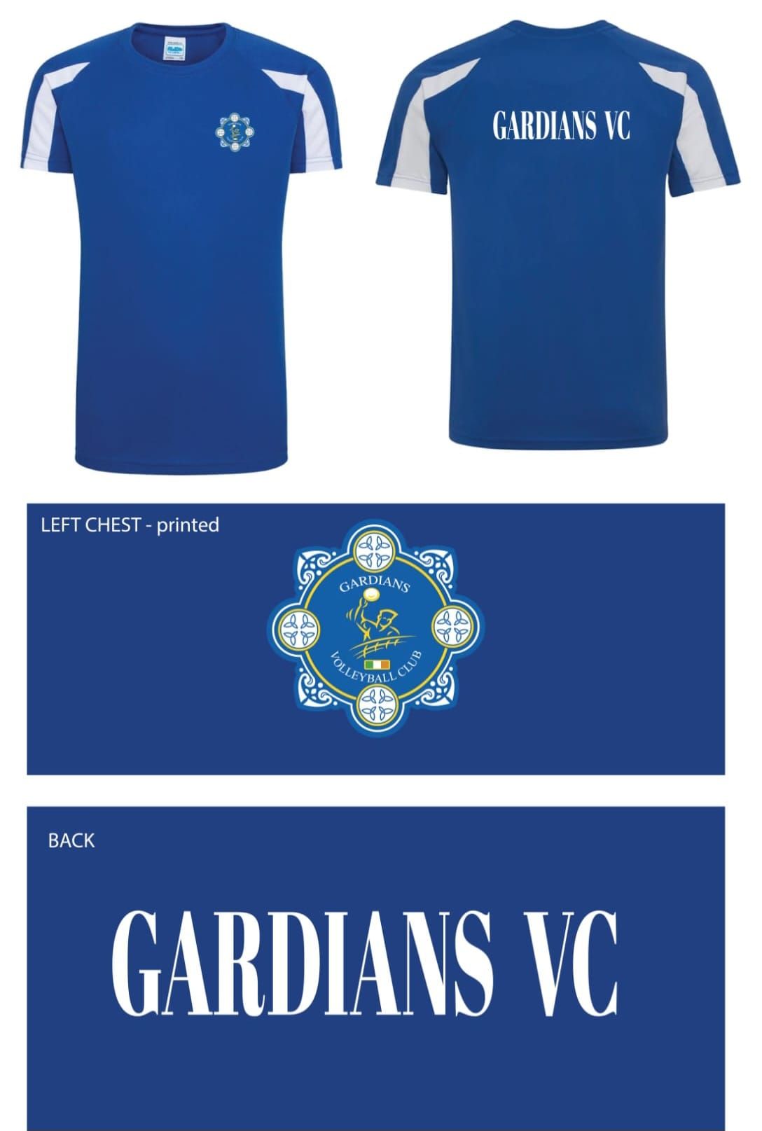 A blue and white t-shirt with the word guardians vc on it.