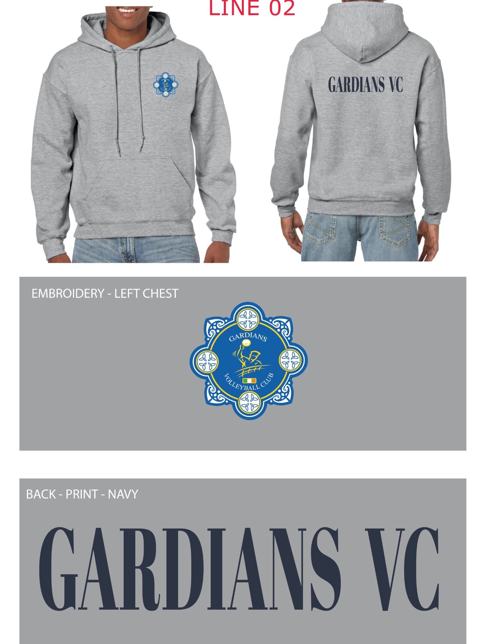 A man is wearing a grey volleyball hoodie with the word guardians vc on it