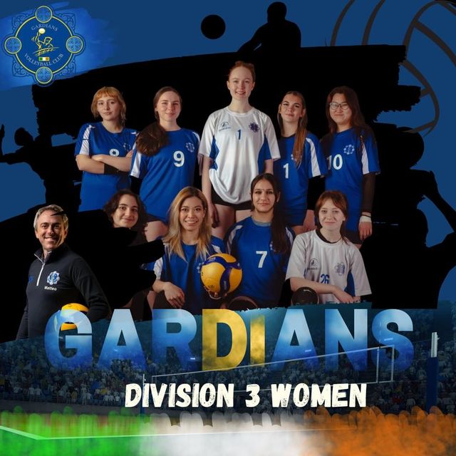Volleyball team, "Guardians", in blue jerseys, posing for a photo. "Division 3 Women" text.