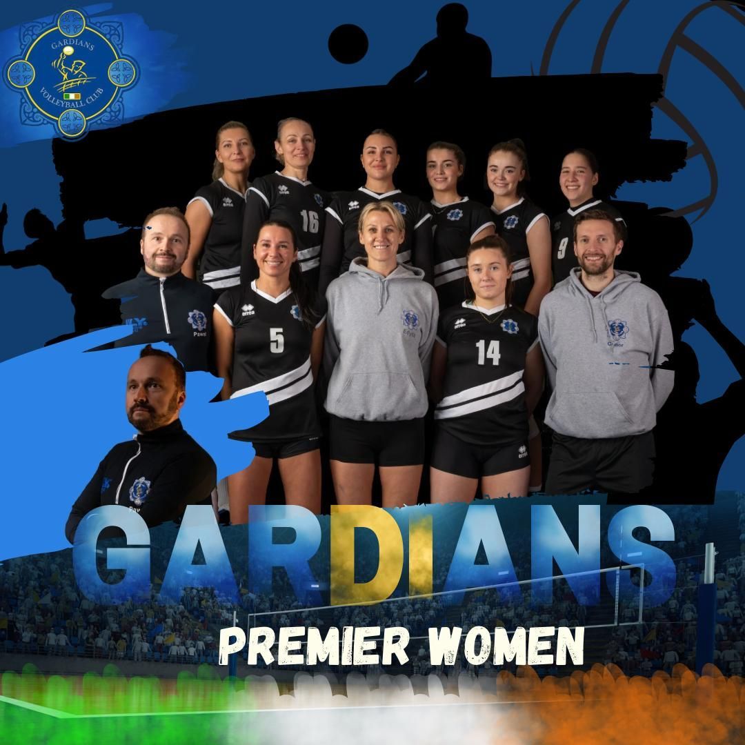 Gardians Premier Women's volleyball team. Group photo in blue and black uniforms, with coaches.