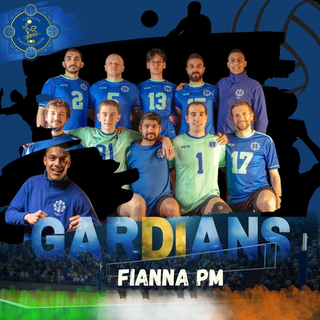Volleyball team "Guardians", in blue and green jerseys, posing for a photo. "Fianna PM" is at the bottom.