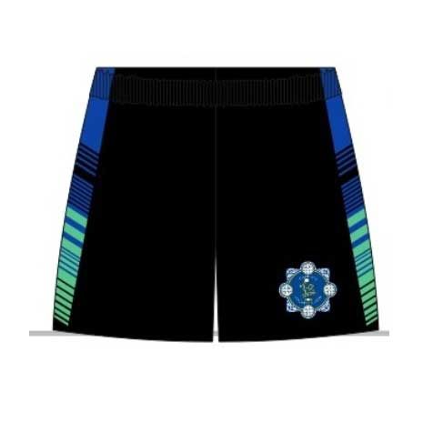 A pair of black shorts with a blue and green stripe on the side.