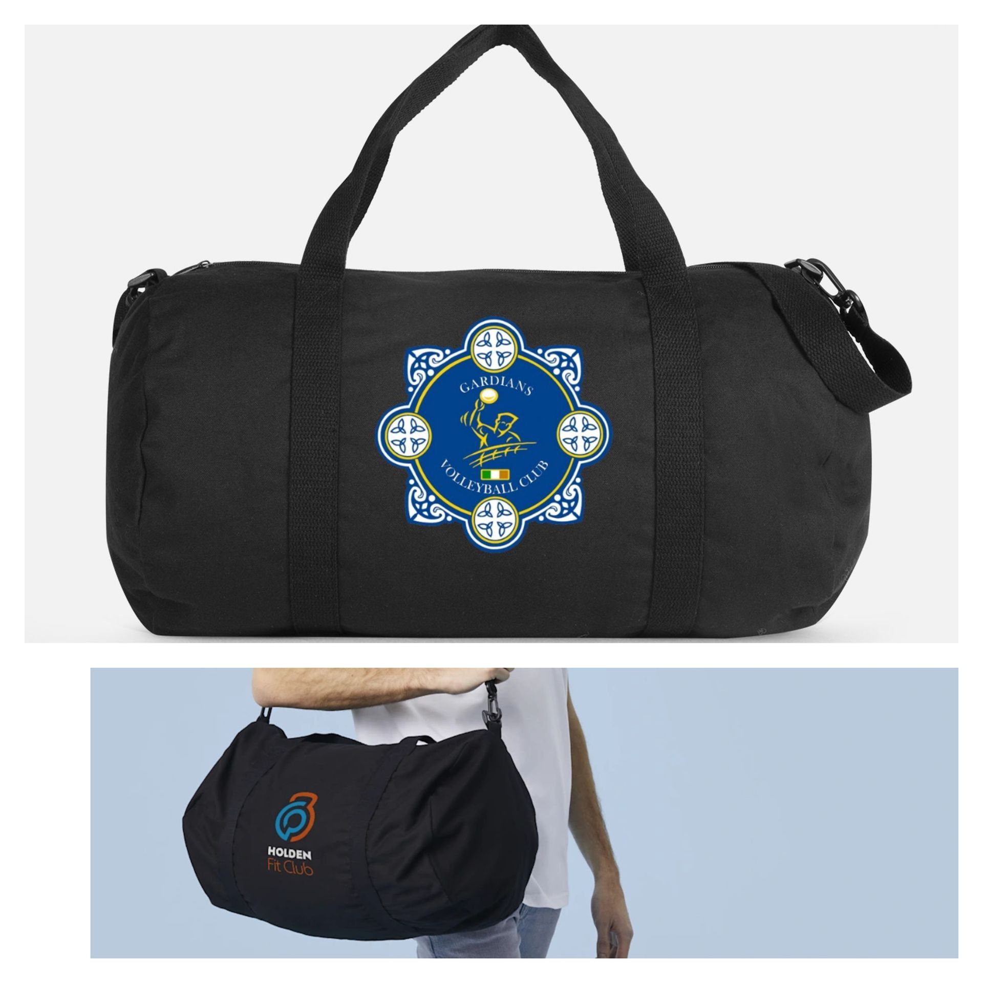 A person is carrying a black duffel volleyball bag with a logo on it