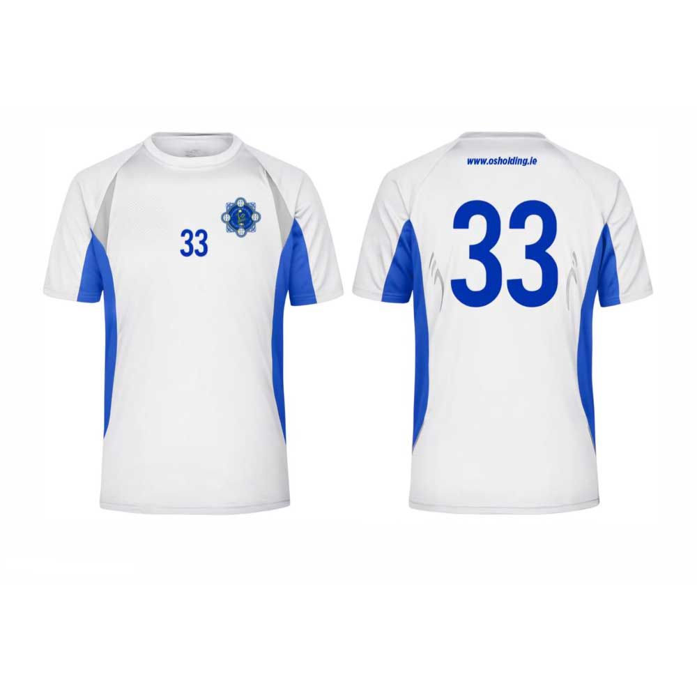 A white and blue t-shirt with the number 33 on it