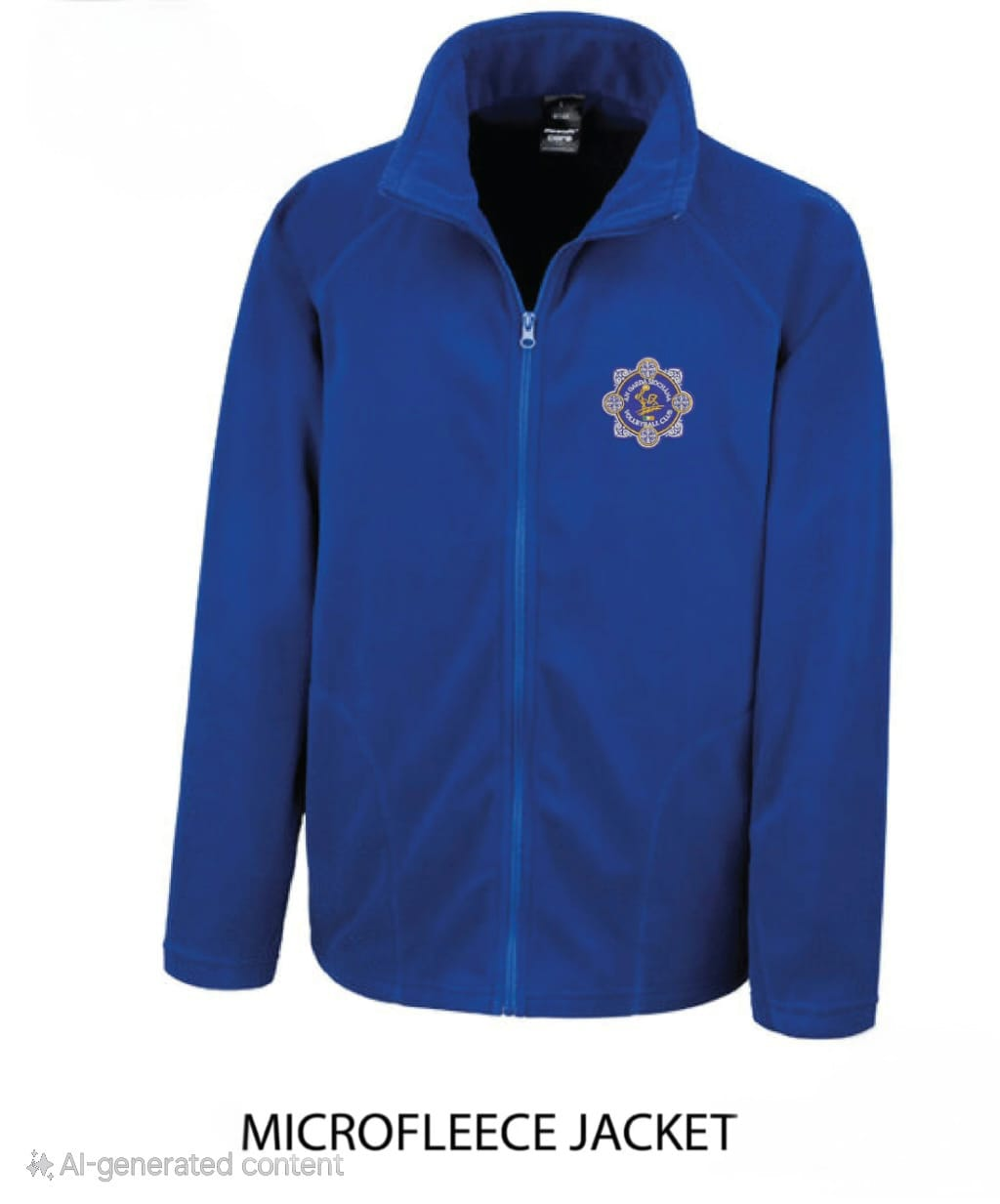 A blue microfleece jacket with a logo on the front