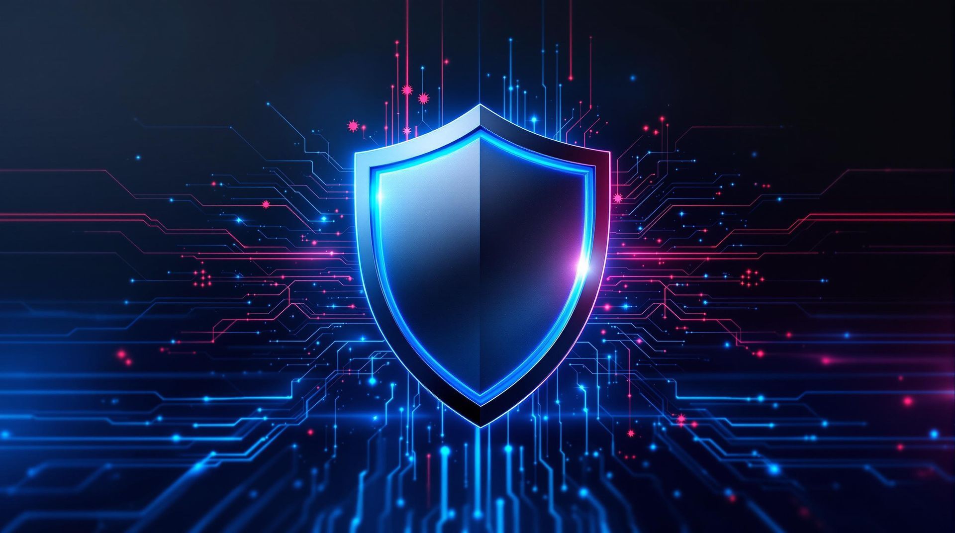 A blue shield is surrounded by a digital background.