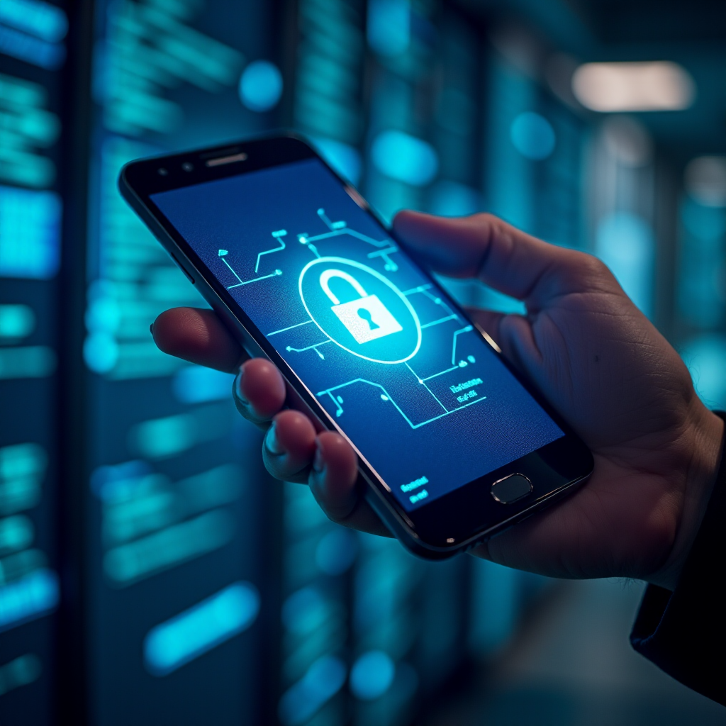 A person is holding a cell phone with a cyber security padlock on the screen