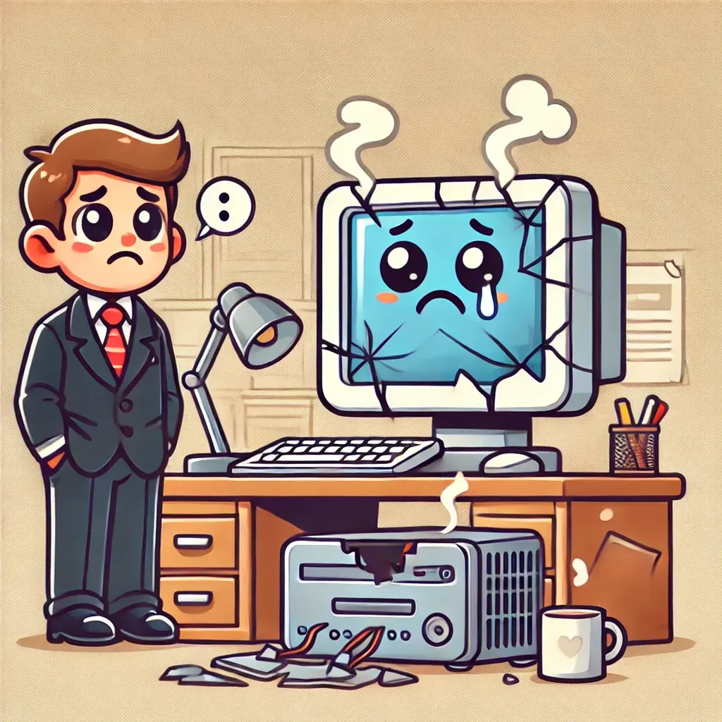 Cartoon of an office worker looking sad at a broken computer. 