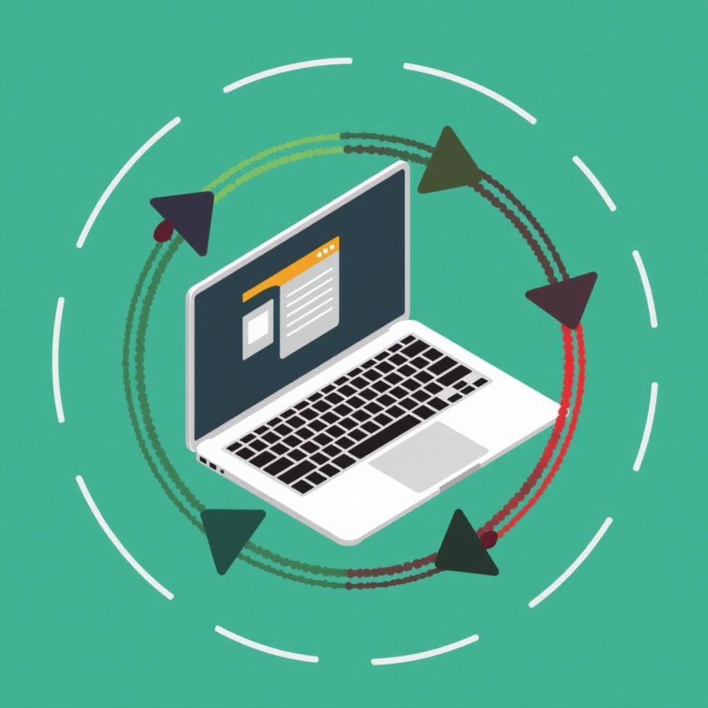 A laptop computer is surrounded by arrows on a green background.