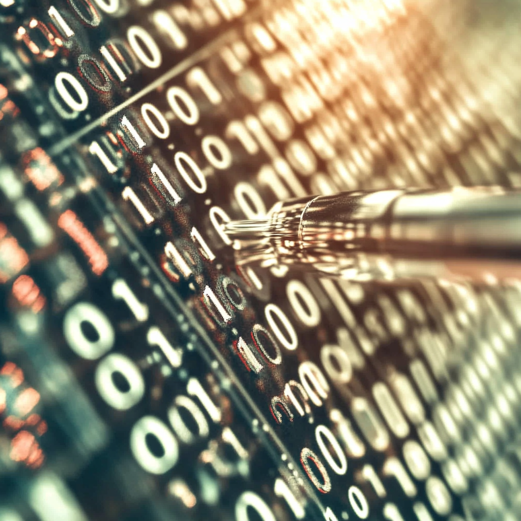 A pen is pointing at a row of numbers on a cyber security computer screen.