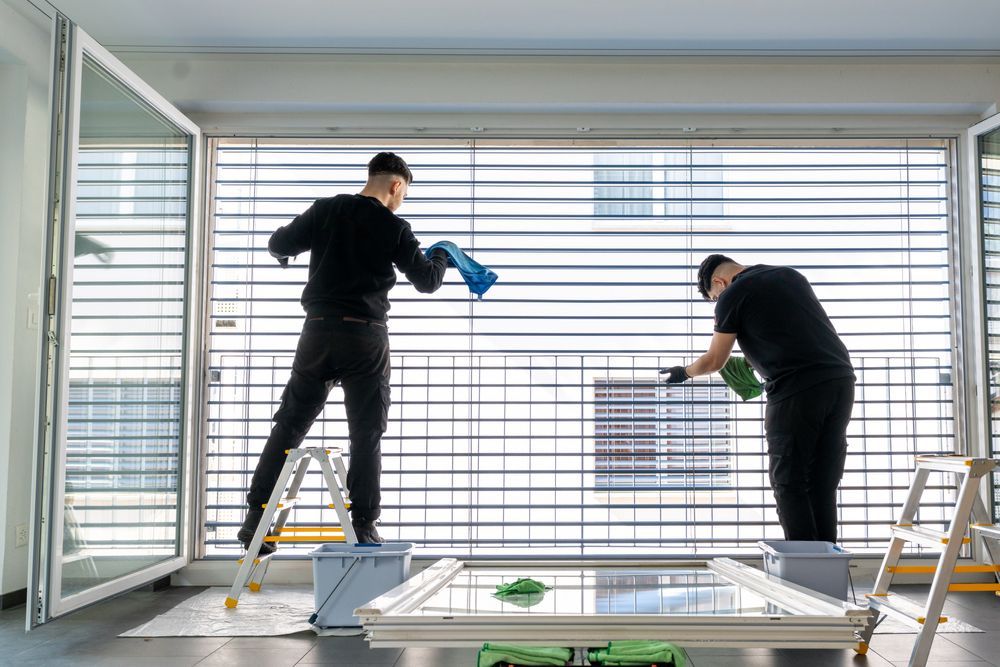 Man in overalls cleaning a large window. He's wearing safety glasses and looking up, blue gloves and a cloth.