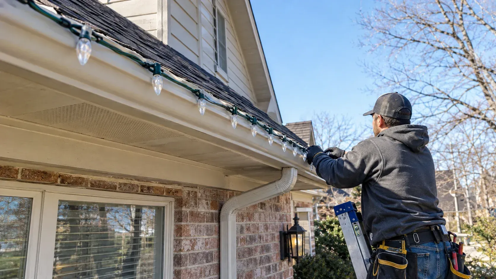 Worker on a ladder stringing taut holiday lights to show why DIY strands sag by January.