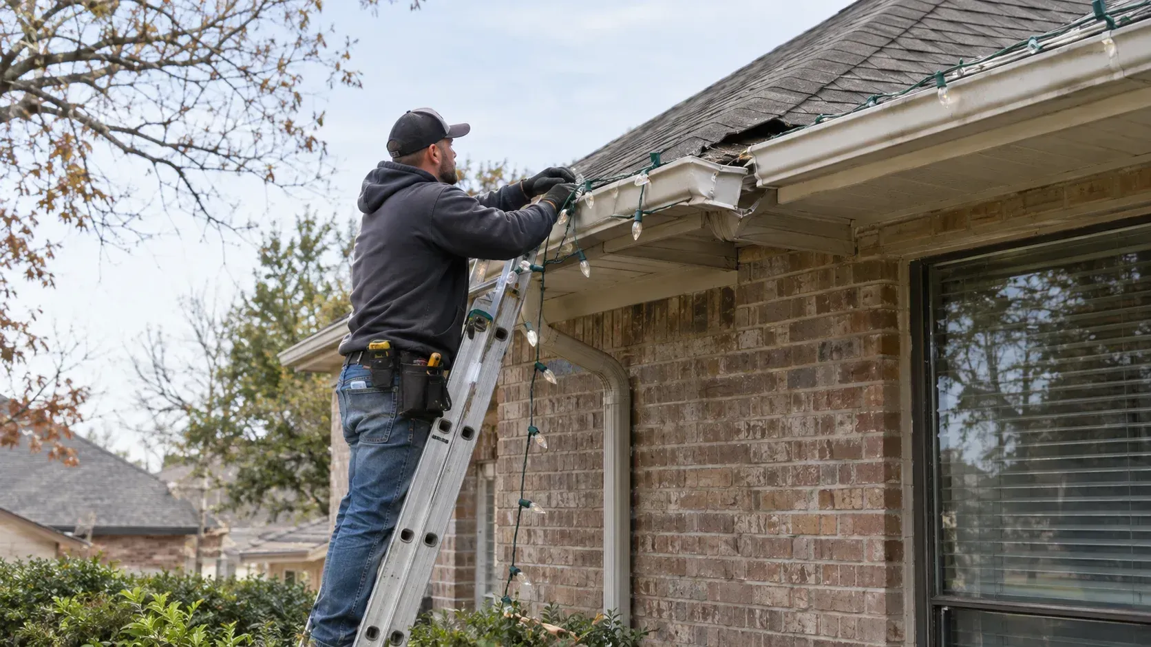 Worker on roof. What Happens If Christmas Light Installation Damages Your Roof or Gutters?