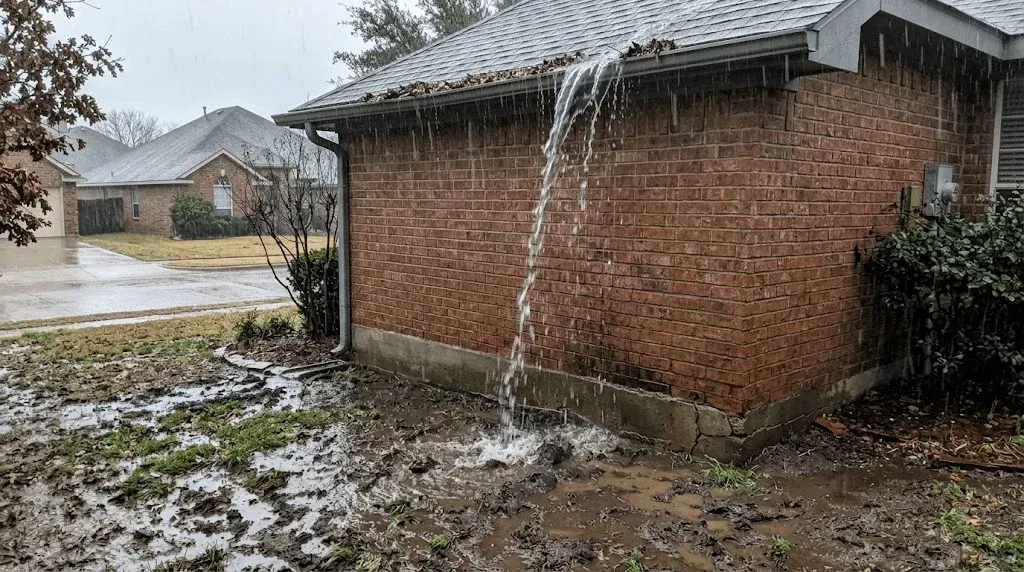 Overflowing clogged gutters on a Mansfield home risking clay soil foundation damage.