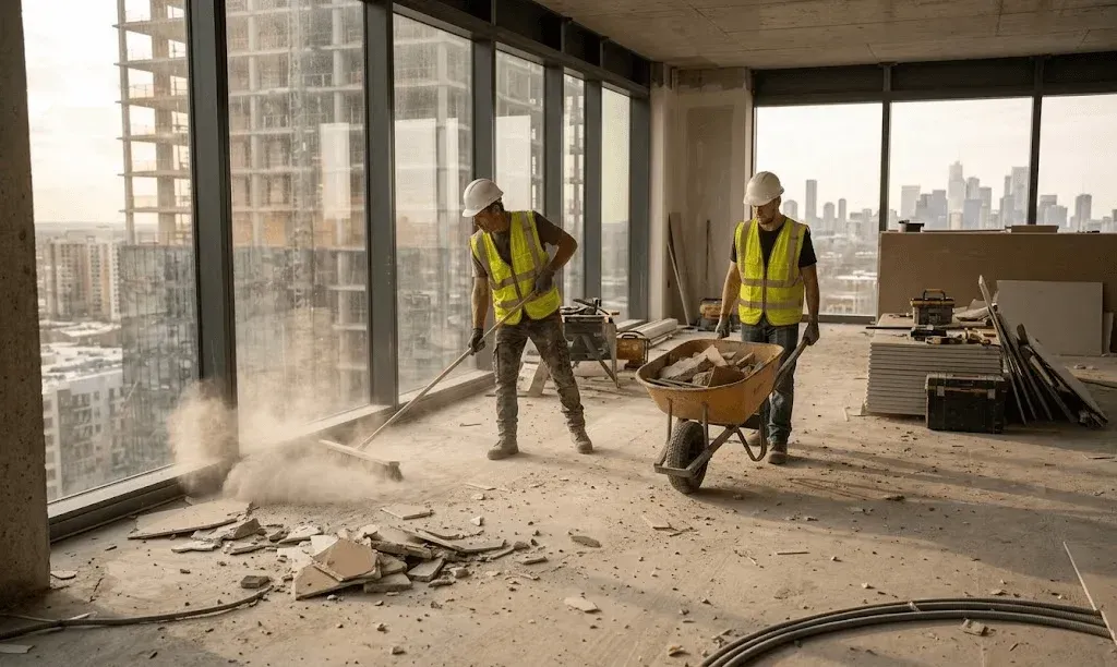 Crews sweeping debris: why construction crews need rough cleaning before final cleaning.