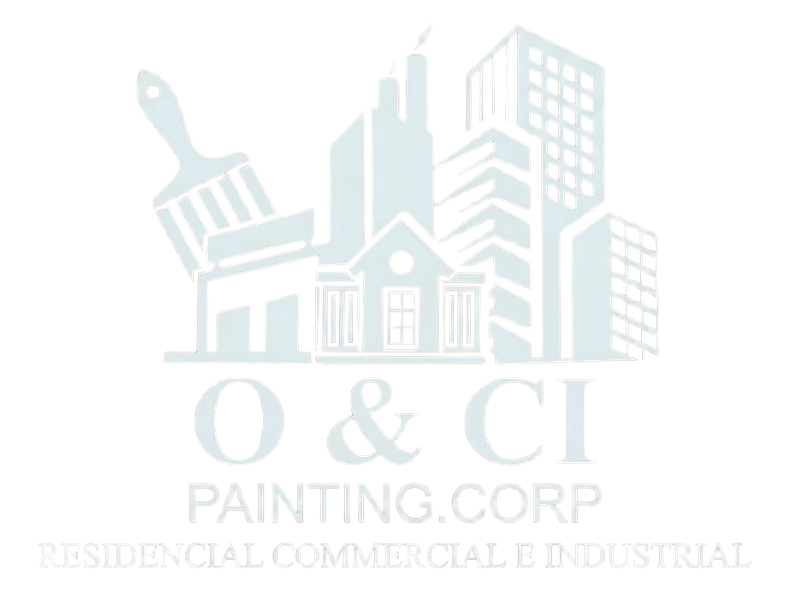 Logo for O & CI Painting Corp. with paint roller, house, and buildings in pale blue-gray.