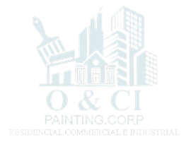 Logo for O & CI Painting Corp. with paint roller, house, and buildings in pale blue-gray.