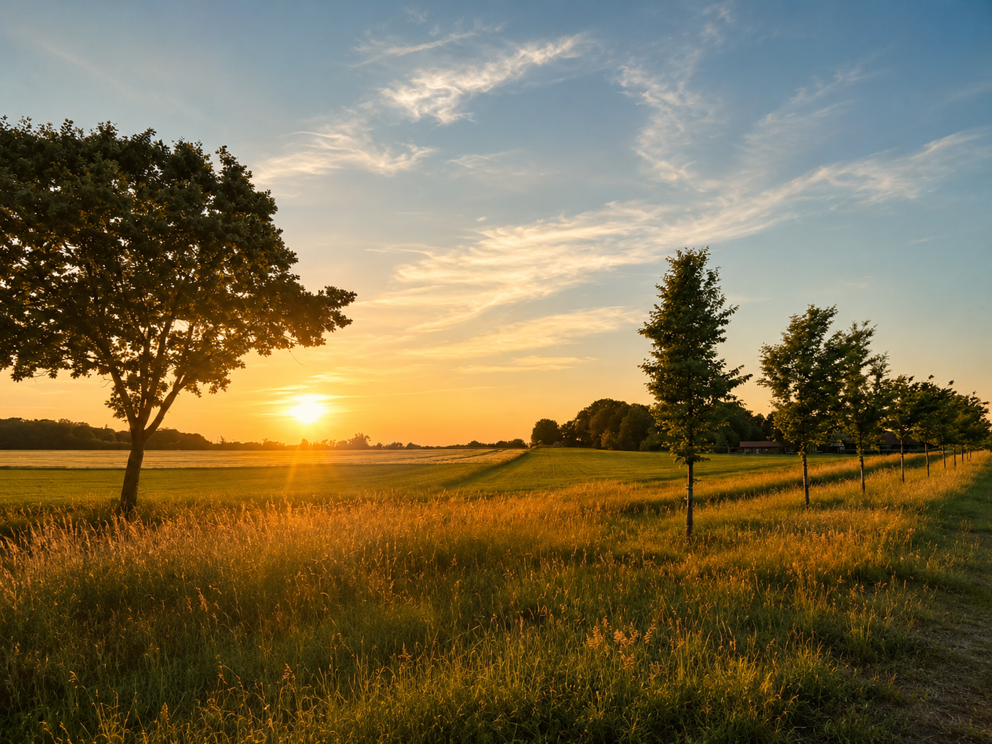 Sonnenuntergang über einer grasbewachsenen Wiese mit Bäumen und goldenem Himmel