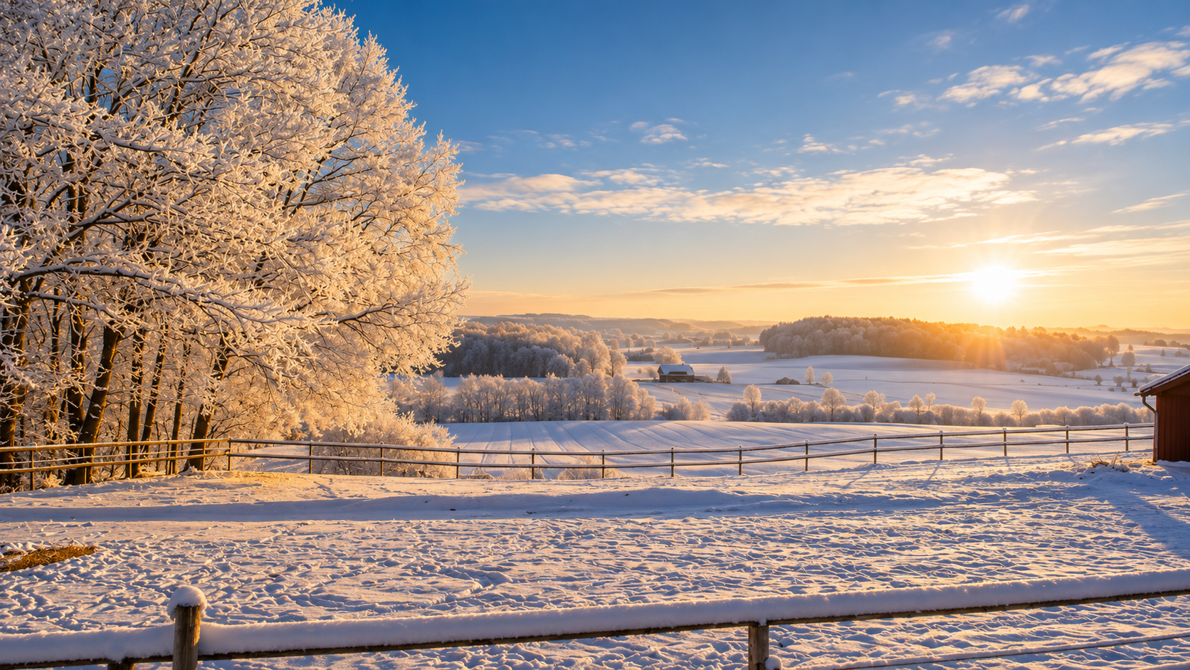 Verschneite Landschaft bei Sonnenaufgang, mit von Raureif bedeckten Bäumen, Feldern und einem Holzzaun