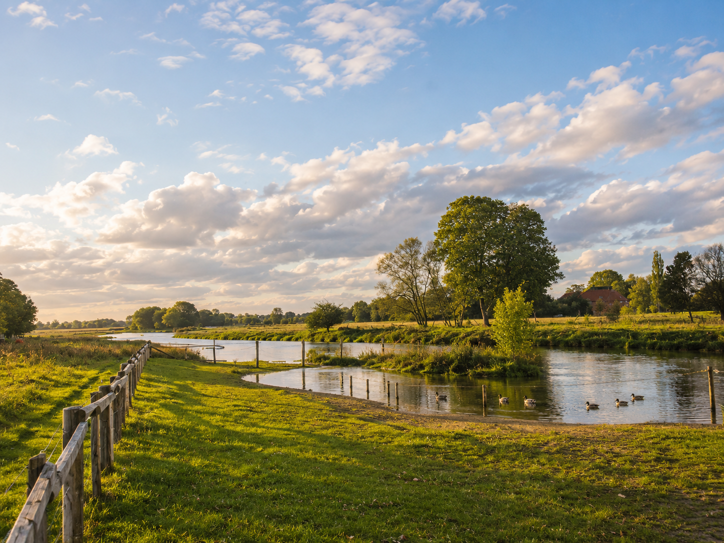 Sonnige Flusswiese mit Enten, Bäumen und einem bewölkten blauen Himmel