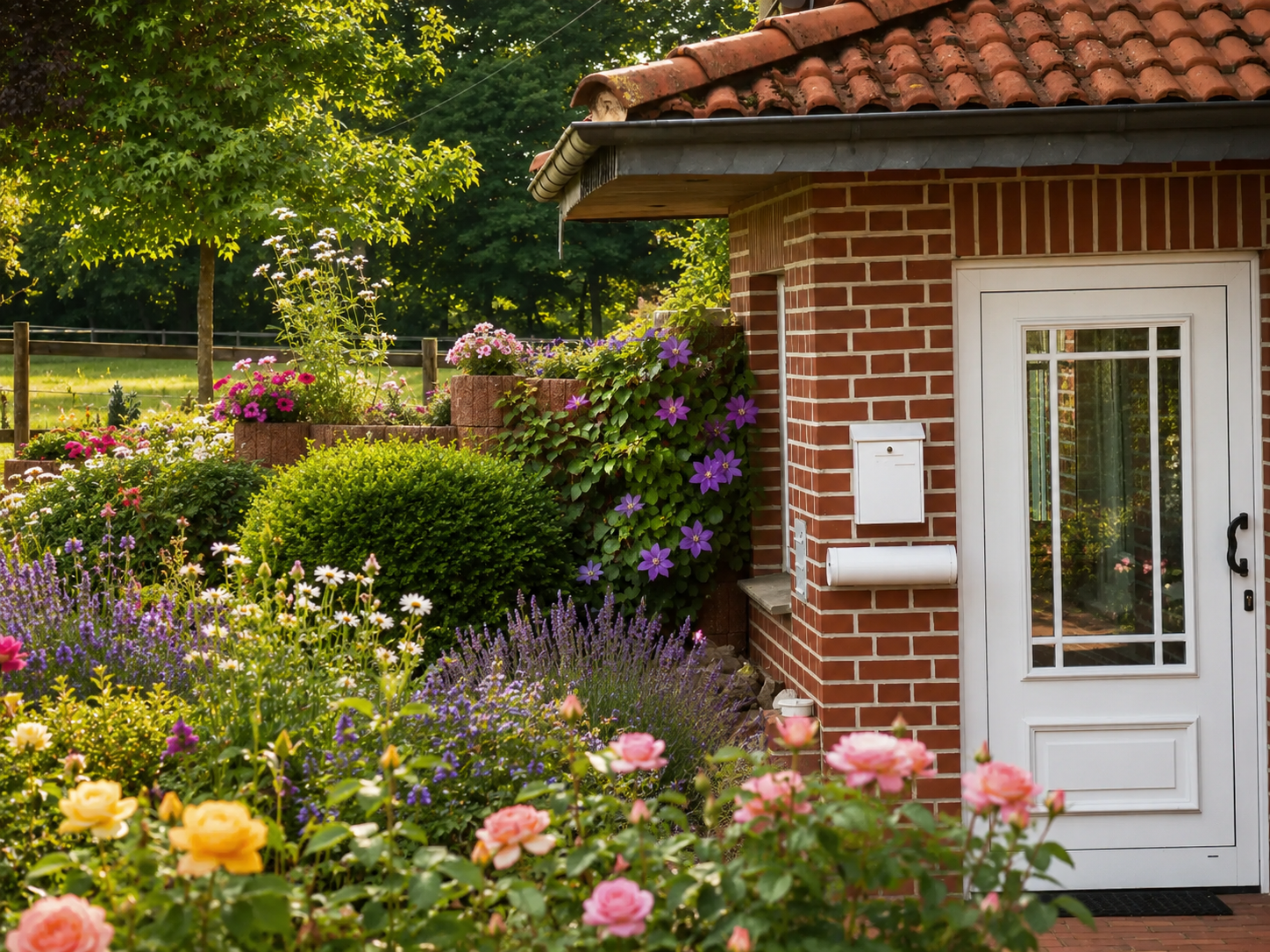 Gartenblumen neben einem Backsteinhaus mit weißer Tür und üppigen rosa, gelben und violetten Blüten.