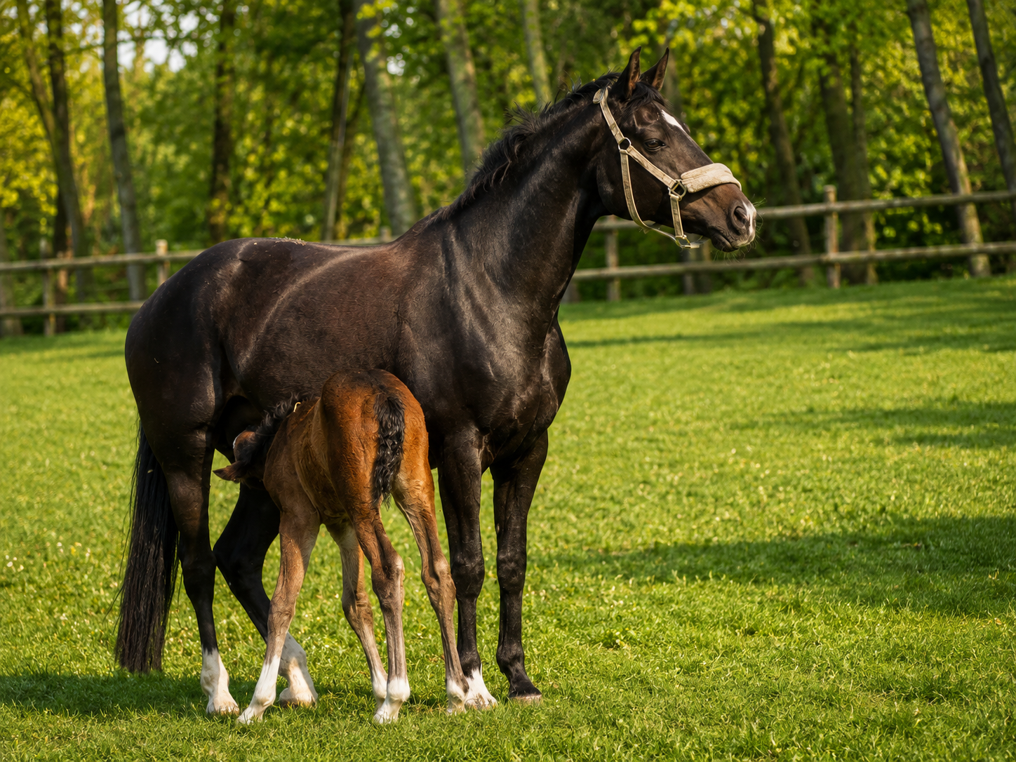 Schwarzes Pferd mit Fohlen auf einer Wiese in einem sonnigen, eingezäunten Feld