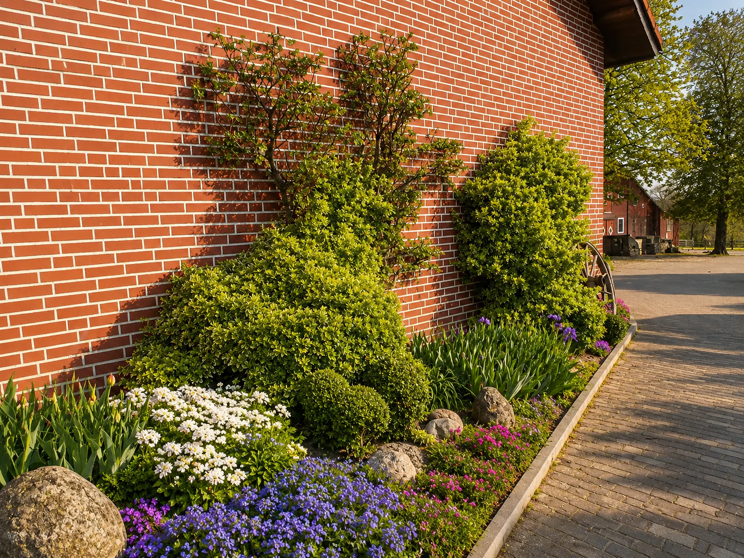 Ziegelmauer mit begrünten Gartenbeeten mit grünen Sträuchern und violetten Blumen neben einem Kiesweg