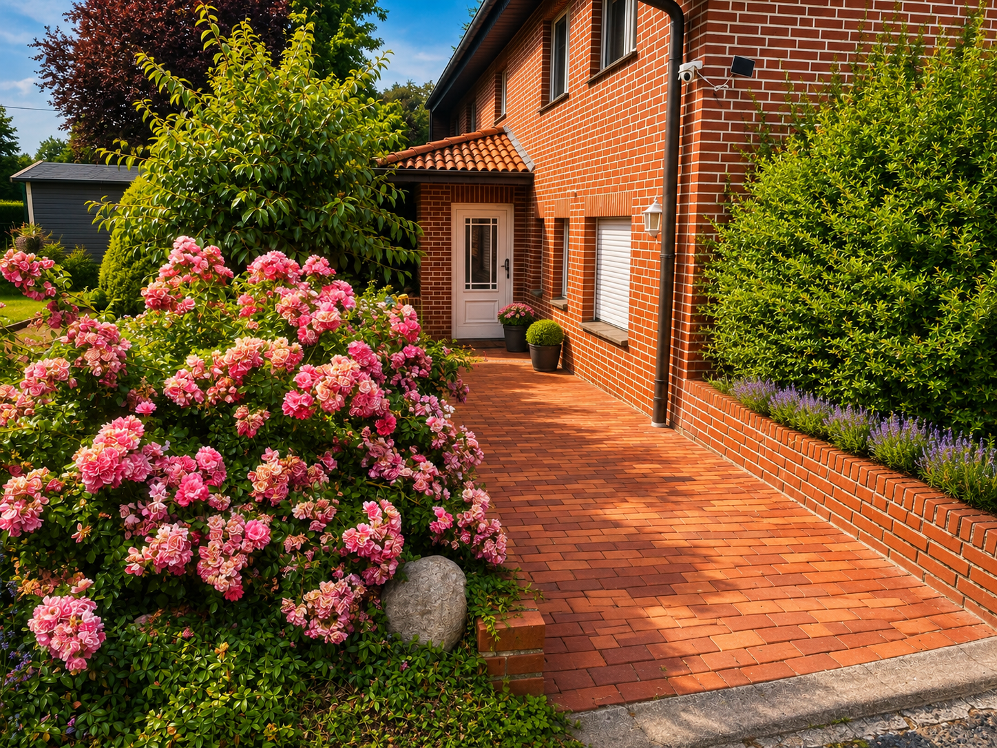 Terrasse eines Ziegelhauses mit roten Pflastersteinen, rosa Blumen und üppigen grünen Sträuchern im hellen Sonnenlicht