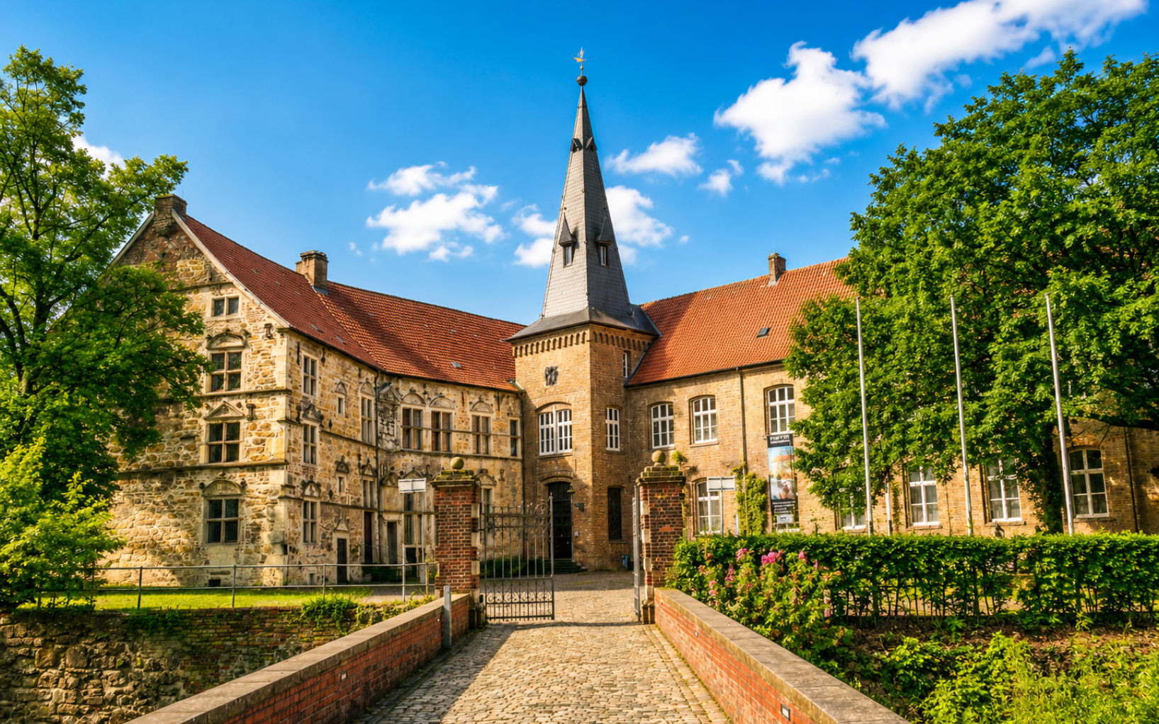 Historischer Innenhof mit Gebäuden mit roten Ziegeldächern und einem hohen Kirchturm unter blauem Himmel