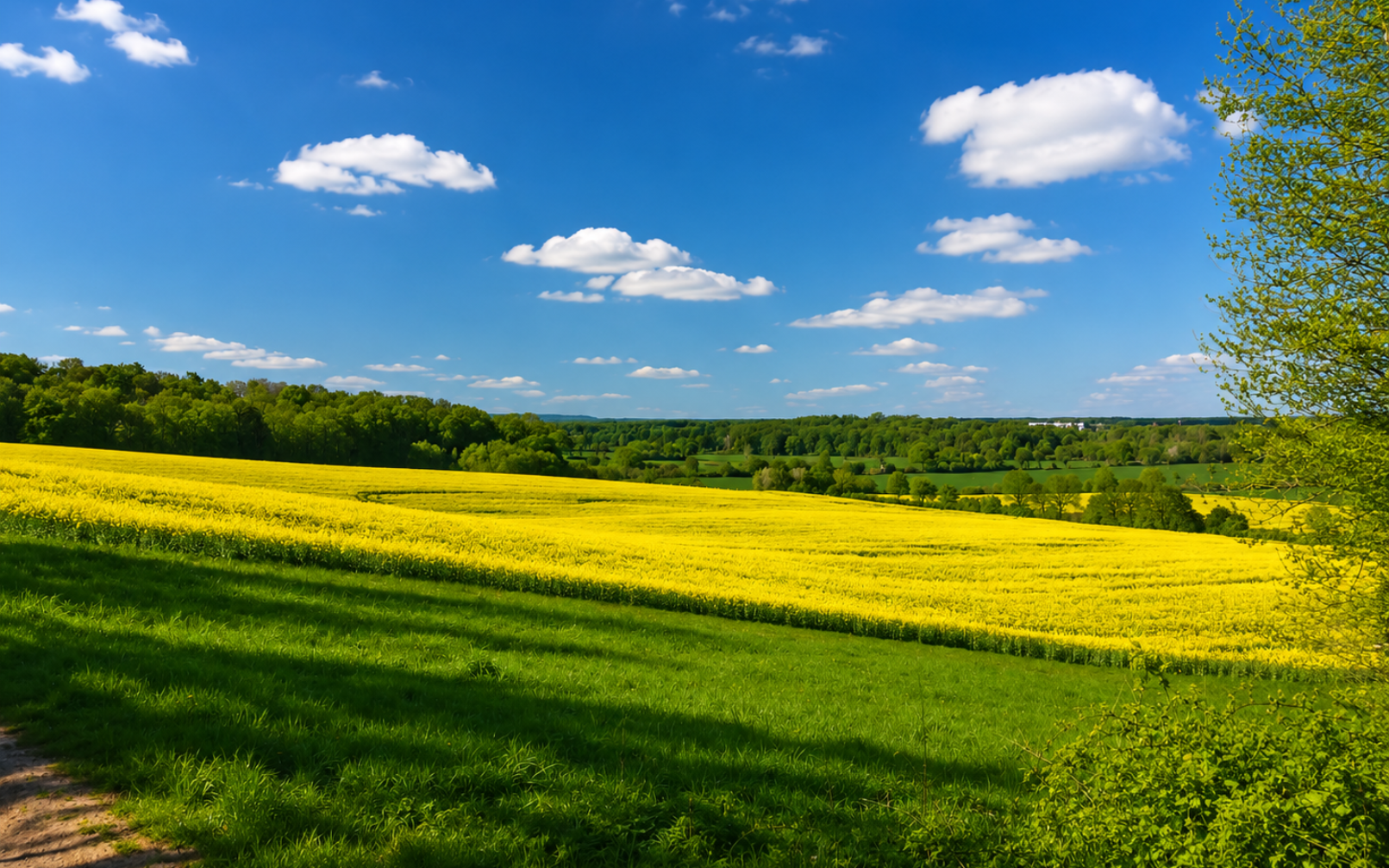 Gelbe Wildblumen auf einer grünen Wiese unter einem strahlend blauen Himmel mit vereinzelten Wolken