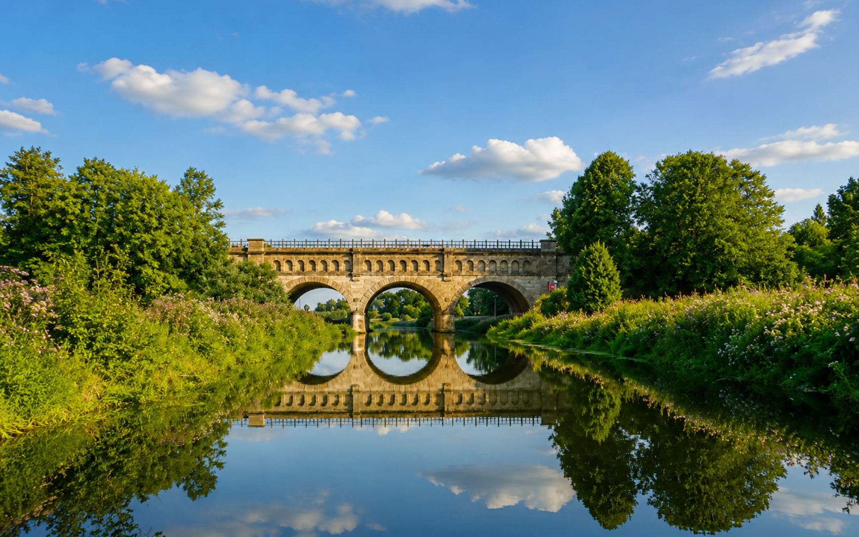 Steinbrücke mit drei Bögen über einem ruhigen Fluss, in dem sich grüne Bäume und ein blauer Himmel mit Wolken spiegeln.