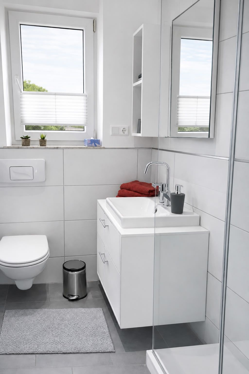 Helles, weißes Badezimmer mit Toilette, Waschtischunterschrank, Spiegel, Fenstern, grauem Teppich und Mülleimer.