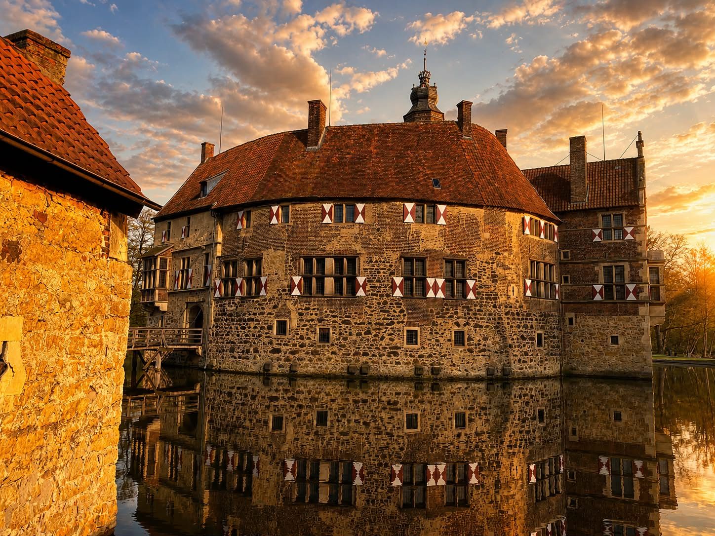 Eine steinerne Burg neben einem ruhigen Burggraben bei Sonnenuntergang, mit warmen Spiegelungen im Wasser