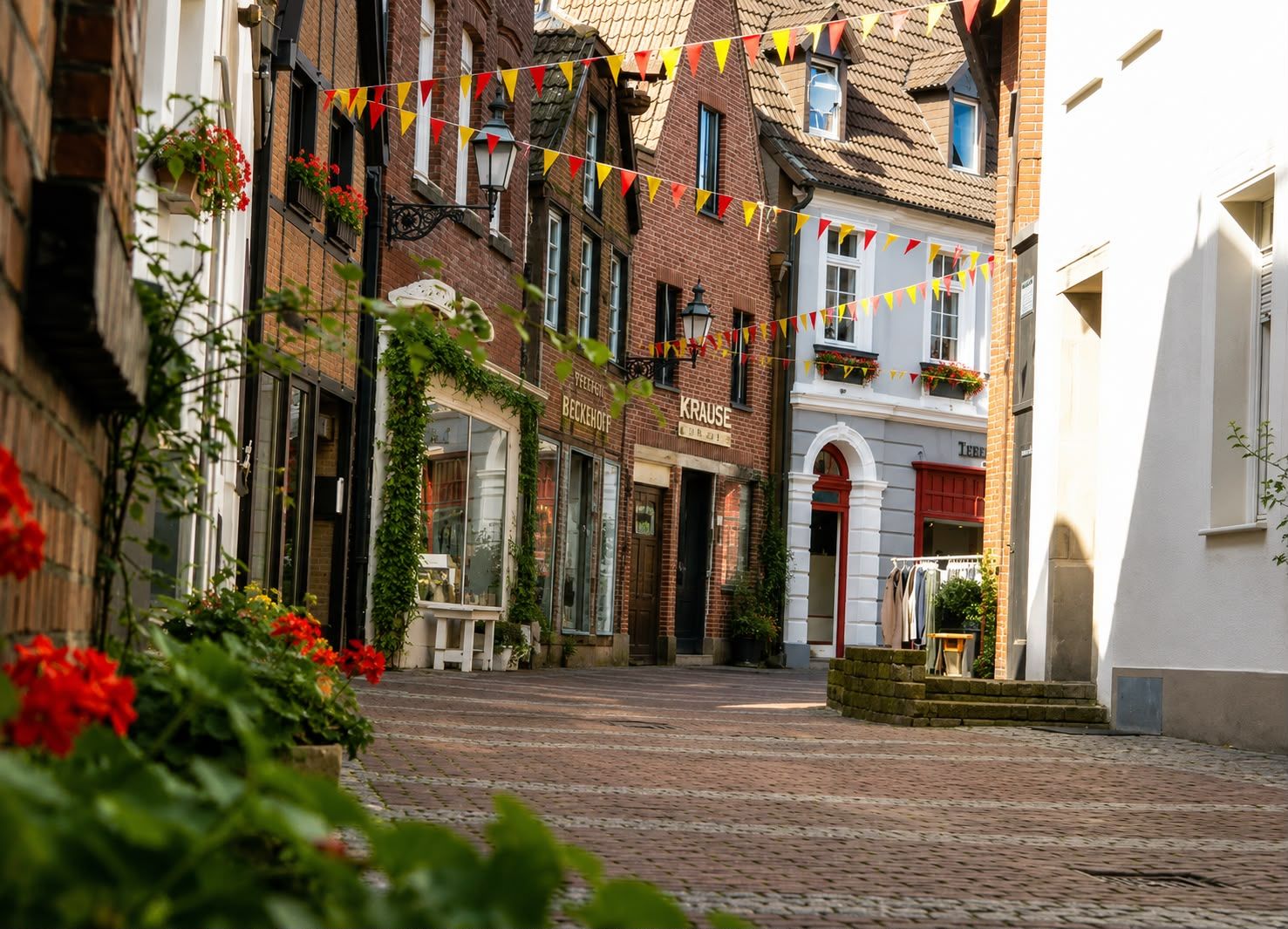Schmale Kopfsteinpflastergasse mit alten Backsteinhäusern, bunten Wimpeln und roten Blumen im Vordergrund