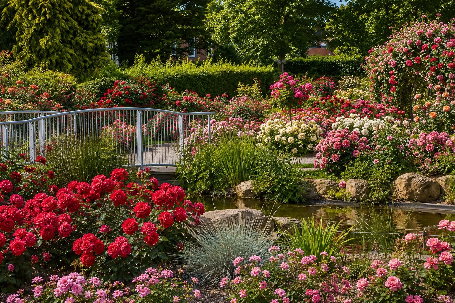 Bunter Blumengarten mit roten und rosa Blüten rund um einen kleinen Teich und einen weißen Zaun