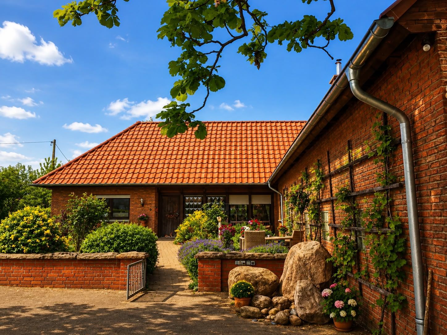 Landhaus mit rotem Ziegeldach, gemauerten Gartenmauern und üppigem Grün unter blauem Himmel