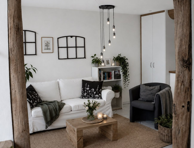 Wohnzimmer mit weißem Sofa, grauem Sessel, Couchtisch, Pflanzen und Teppich in einem hellen, neutral gehaltenen Raum