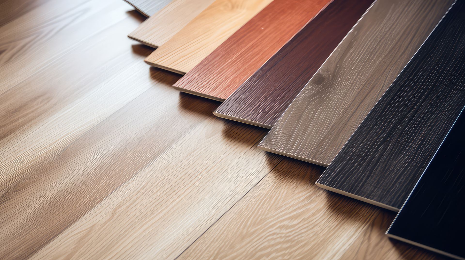 Luxury vinyl plank flooring samples in multiple wood tones. Luxury vinyl plank flooring samples in multiple wood tones.