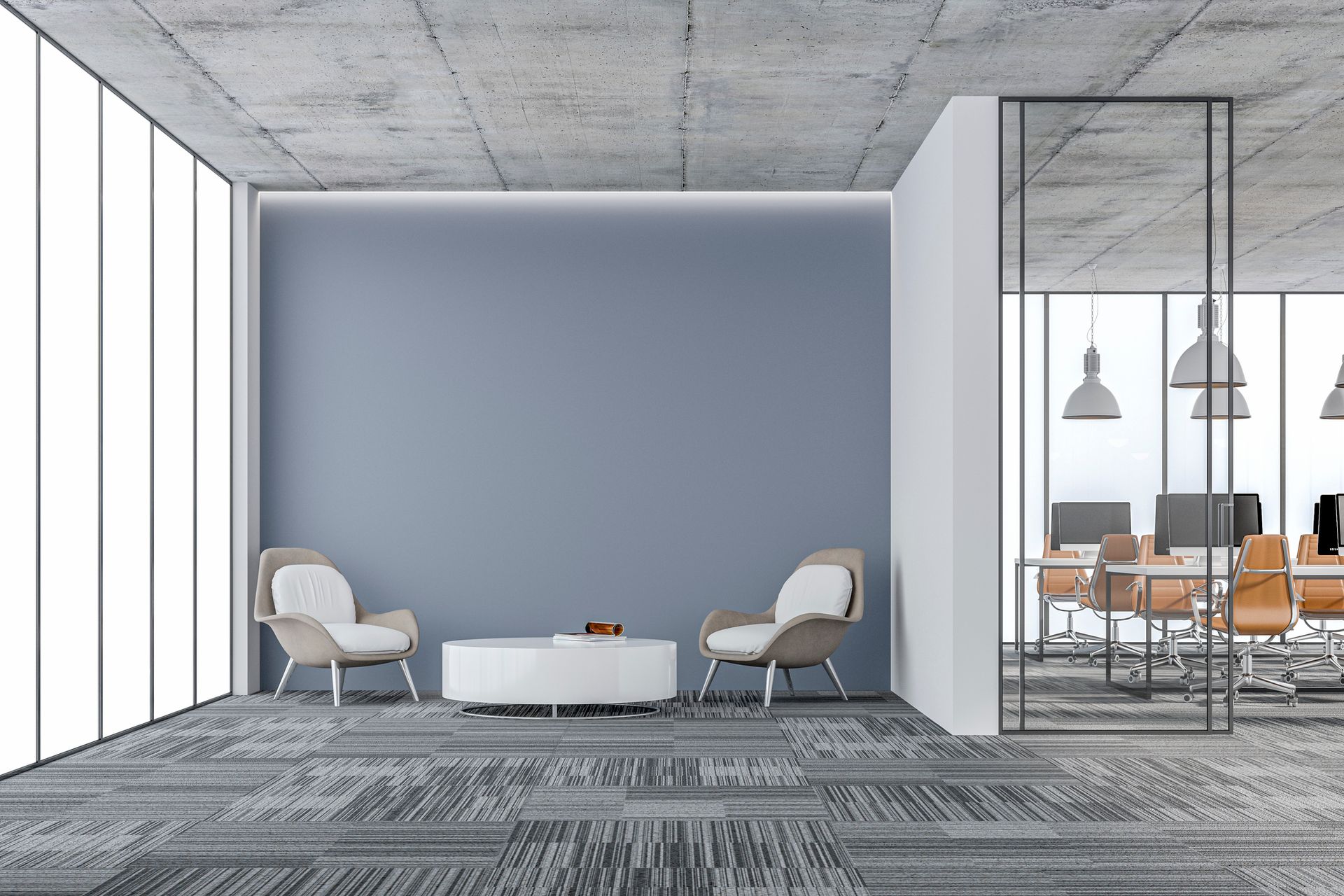 Gray carpeted floor with open white storage cabinets along a wall.