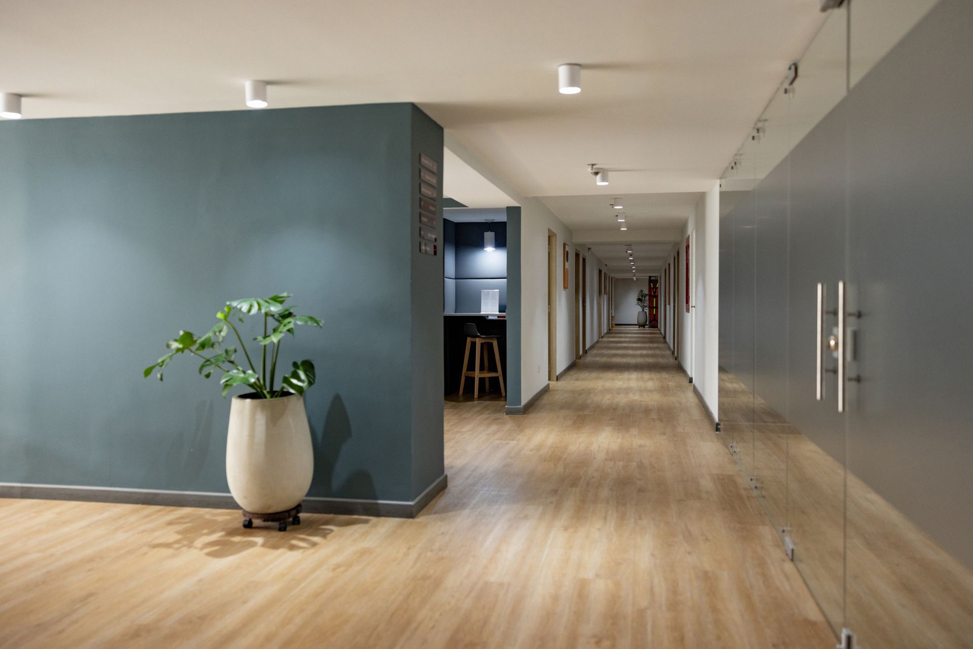 Person installing light wood flooring on a dark floor.