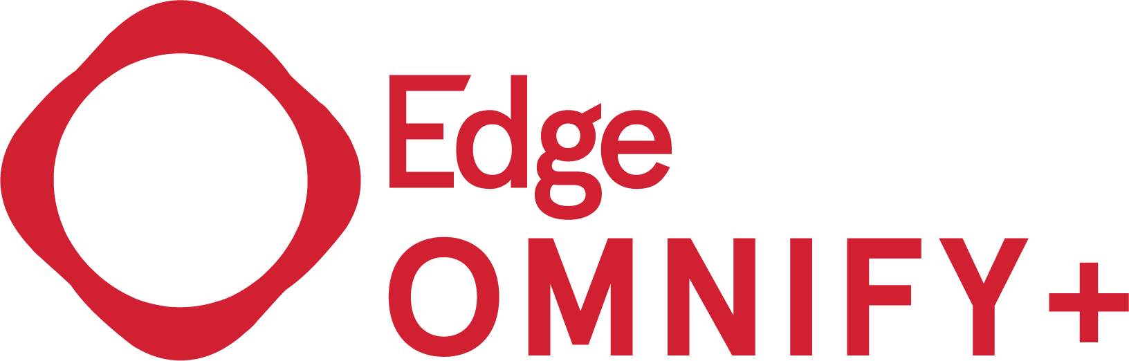 Red logo with a diamond-shaped outline containing a circle. Text reads "Edge OMNIFY+".