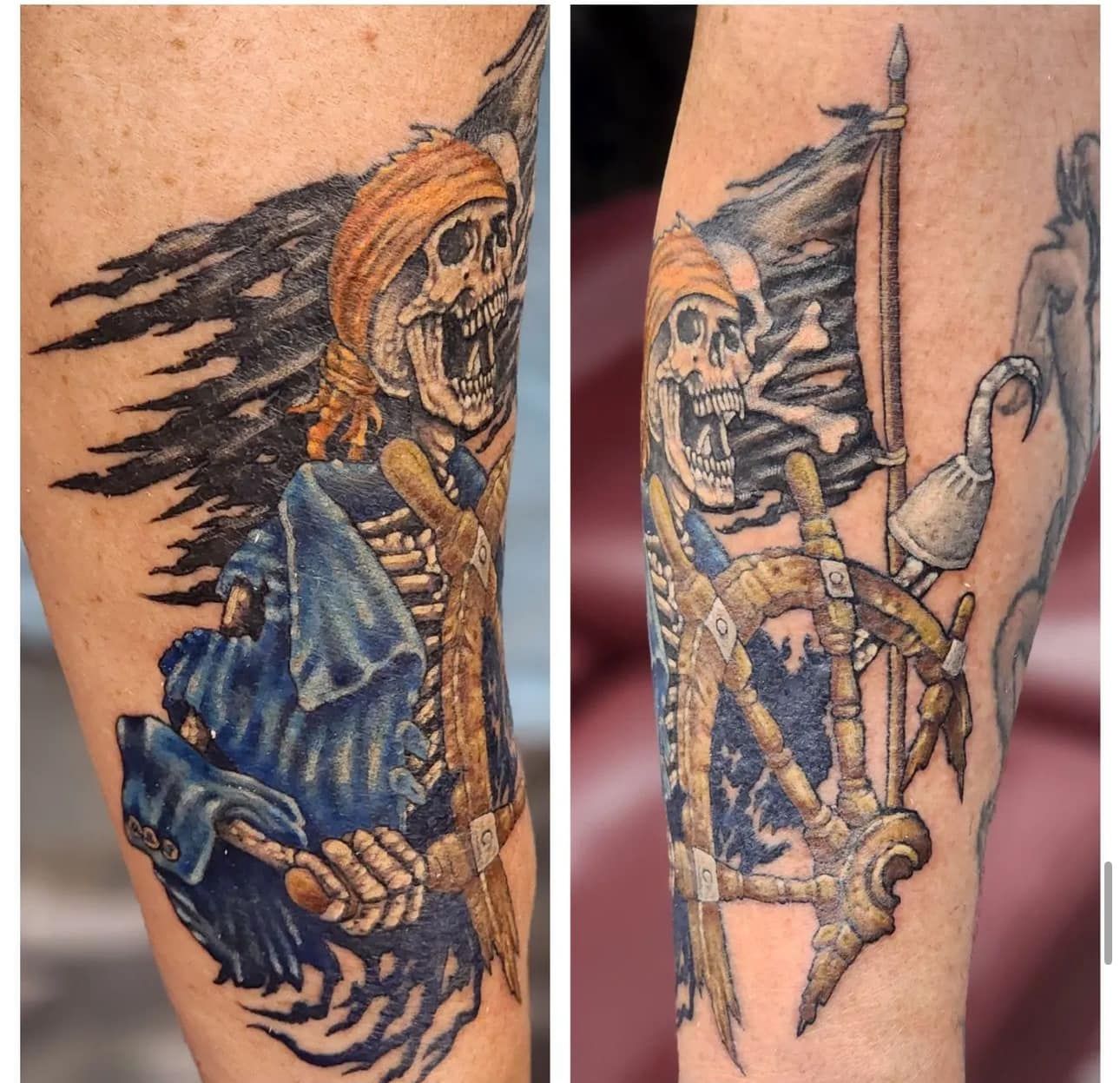 Two views of a colorful skeleton grim reaper tattoo with orange hood and blue cloak on skin