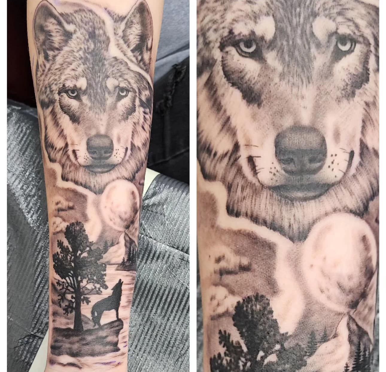 Wolf tattoo on a forearm with moon, tree, and howling wolf silhouette