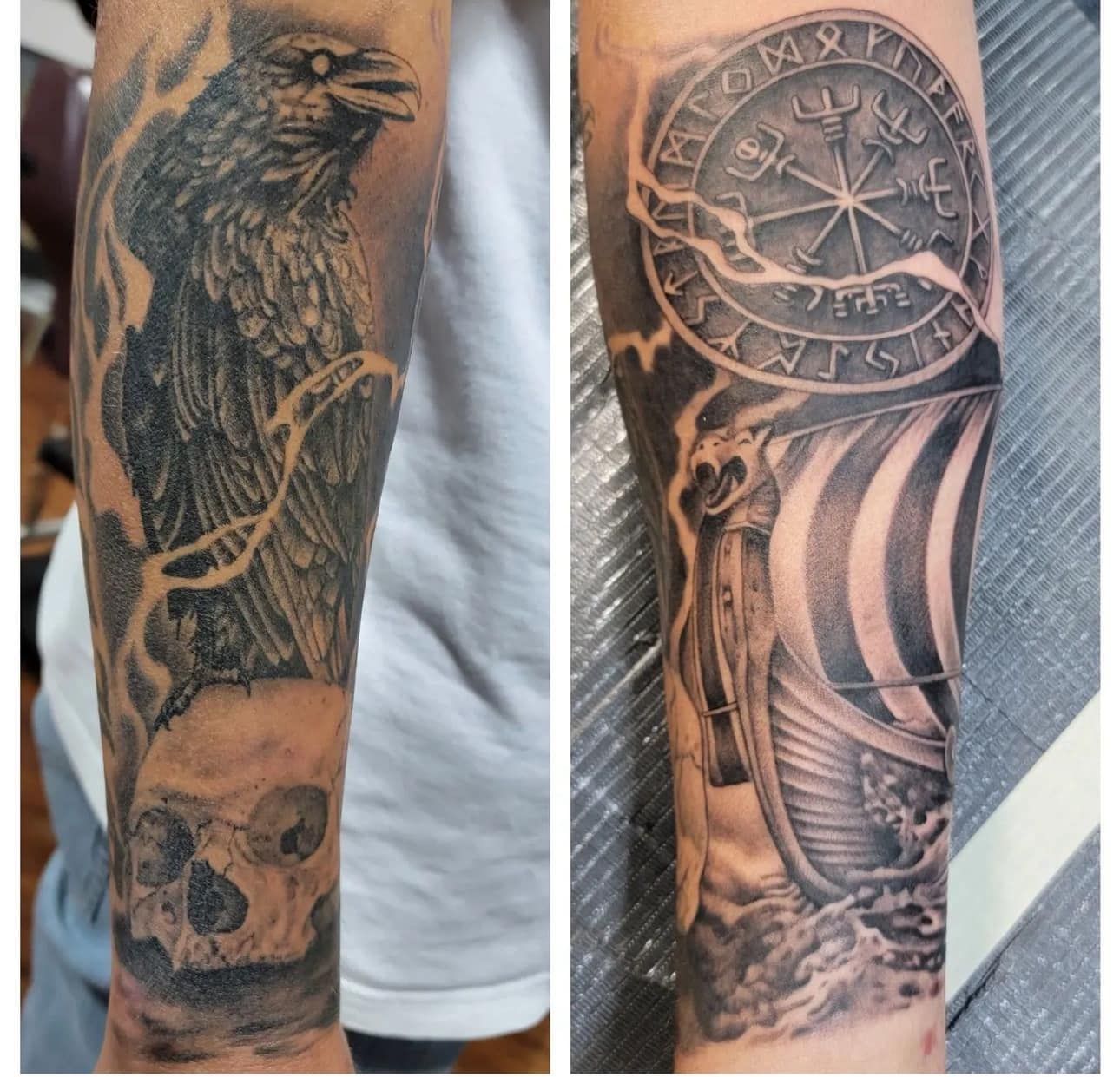 Two black-and-gray sleeve tattoos: an eagle, skull, and rose on the left; compass and skull on the right.