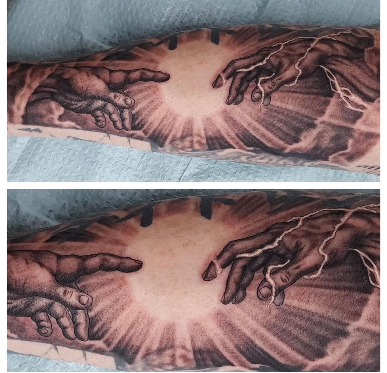 Two-panel close-up of a tattoo showing hands reaching toward a glowing center with lightning-like rays.