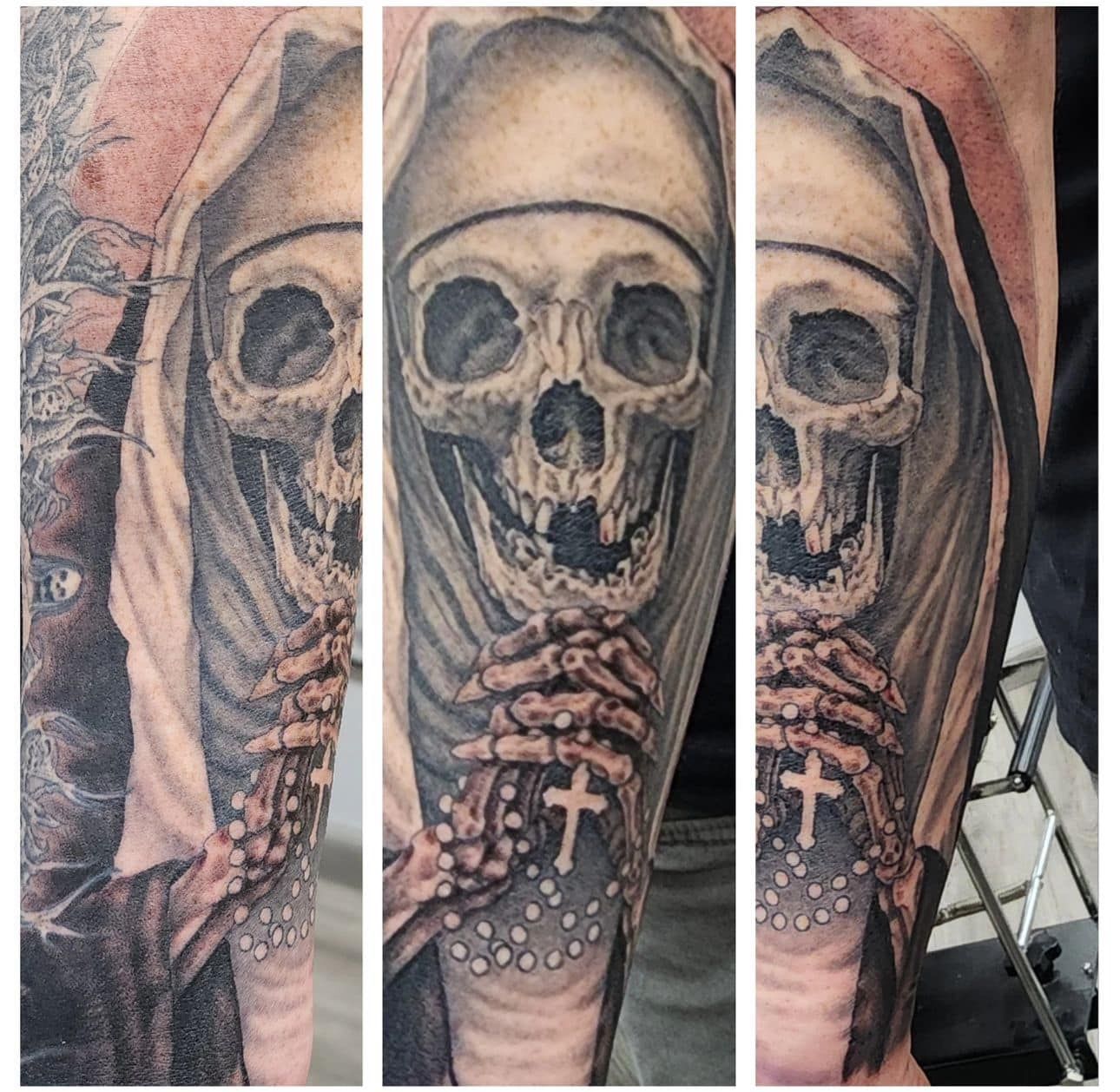 Tattoo of a hooded skeleton holding a rosary on a forearm, shown in three close-up views.