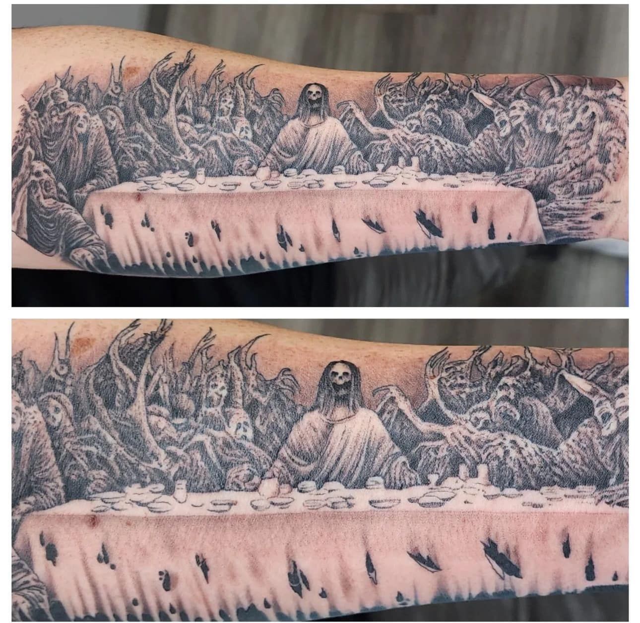 Two similar black-and-gray tattoo designs showing a seated figure before a long table with skulls and mountains behind.
