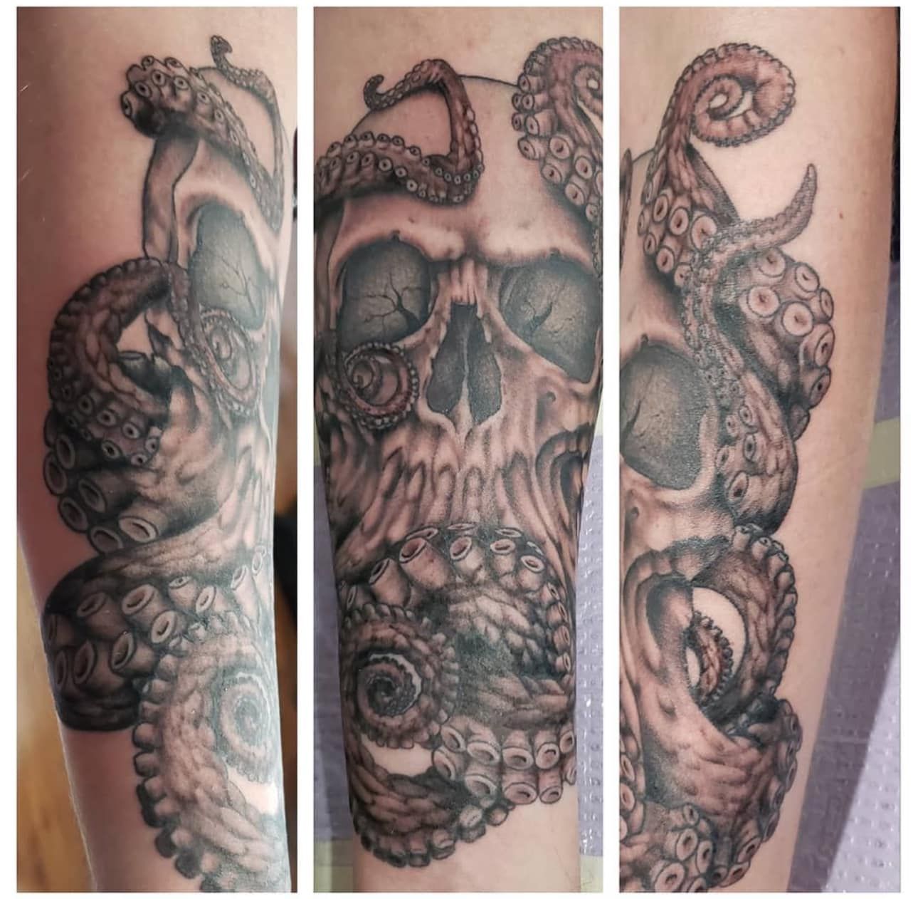 Three views of a black-and-gray octopus tattoo on a forearm